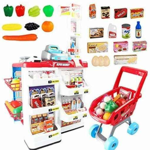 Fresh Mart Grocery Store & Bonus Accessories from US, Brown Pretend Playset Toys for Toddlers Education Learning Kids Supermarket Super Fun Playset with Shopping Cart 
