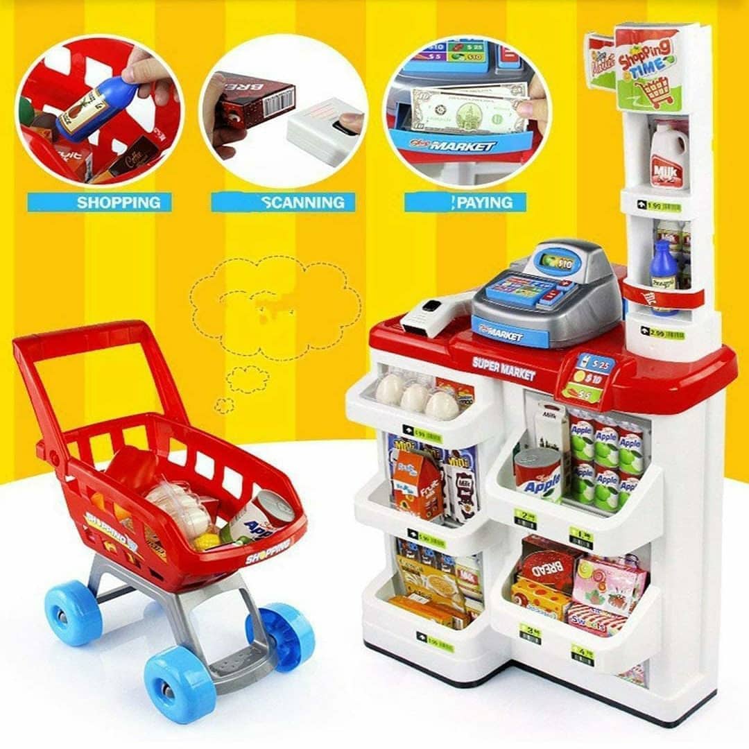Multicolour 1 Shopping Cart Simulation Supermarket Cash Register Toy,Shopping Grocery Play Store for Kids,Kids Supermarket Super Fun Playset with Shopping Cart and Scanner 